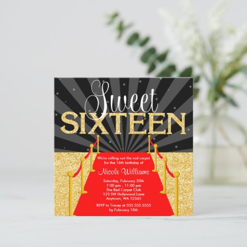 Red Carpet Gold Glam Hollywood Sweet 16 Birthday Invitation | Zazzle