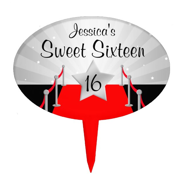Red Carpet Hollywod Sweet 16 Birthday Silver Cake Topper (Front)