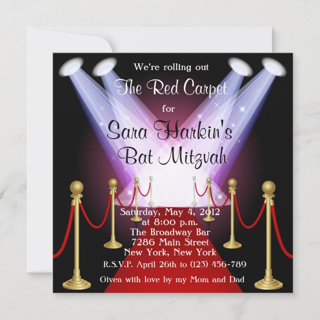 Red Carpet Hollywood Bat Mitzvah Birthday  Invite (Front)