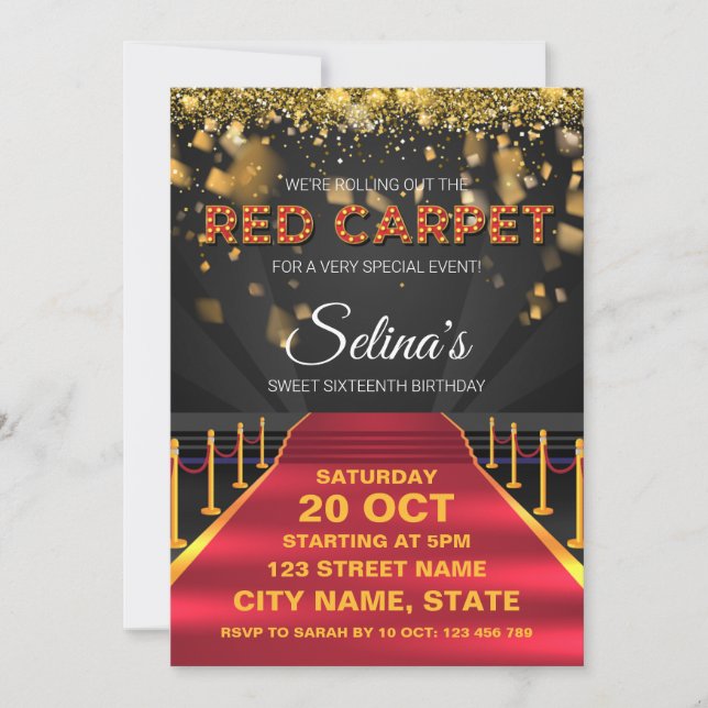 Red Carpet Hollywood Birthday Party Invitation (Front)