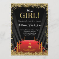 Red Carpet Hollywood Faux Glitter Girl Baby Shower Invitation