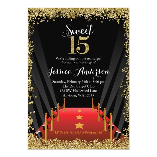 Red Carpet Hollywood Glitter Sweet 15 Quinceanera Invitation
