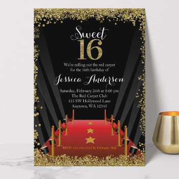Red Carpet Hollywood Glitter Sweet 16 Birthday Invitation by printcreekstudio at Zazzle