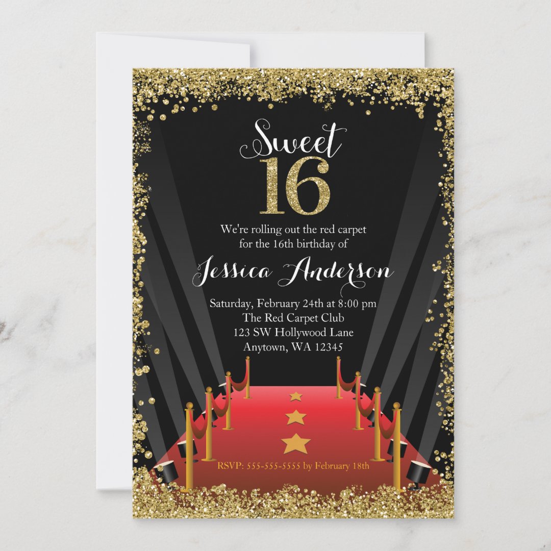 Red Carpet Hollywood Glitter Sweet 16 Birthday Invitation | Zazzle