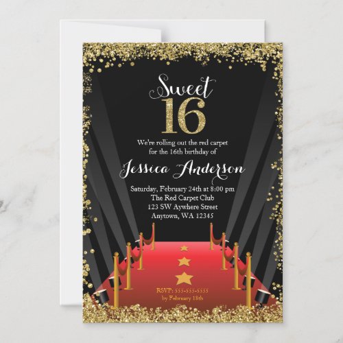 Red Carpet Hollywood Glitter Sweet 16 Birthday Magnetic Invitation