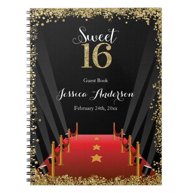 Red Carpet Hollywood Glitter Sweet 16 Guest Book (Front)