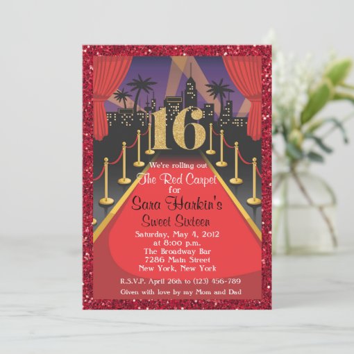 Red Carpet Hollywood Glitter Sweet 16 Invitation | Zazzle