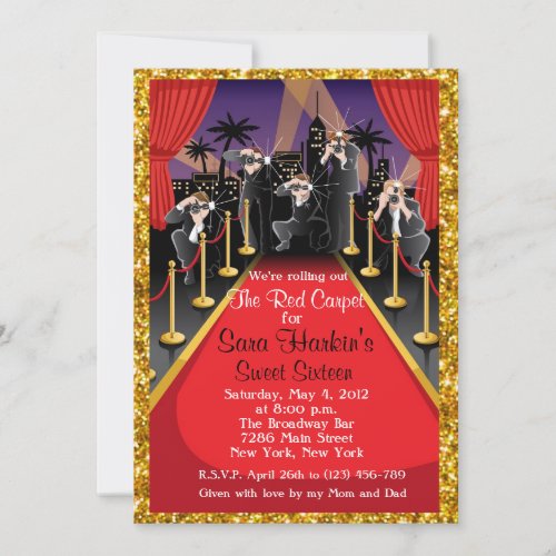 Red Carpet Hollywood Glitter Sweet 16 Invite