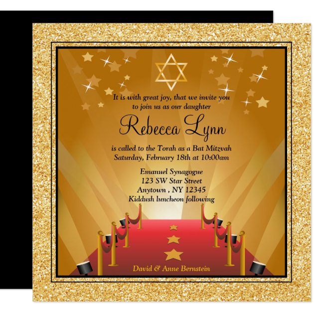 Red Carpet Hollywood Gold Star Bat Mitzvah Invitation