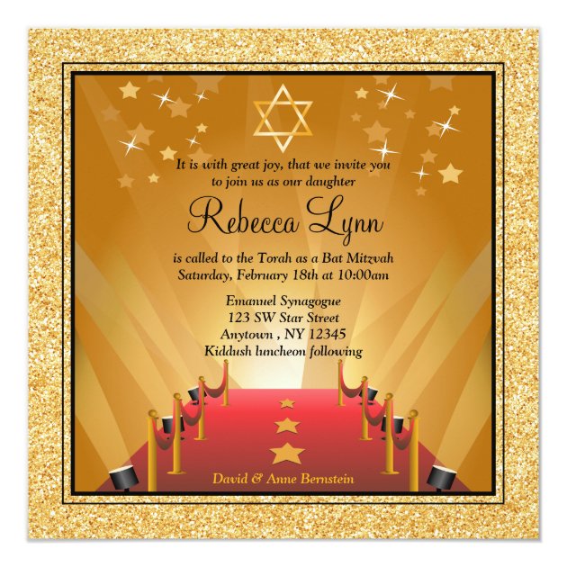 Red Carpet Hollywood Gold Star Bat Mitzvah Invitation