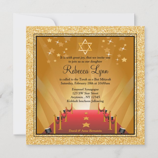 Red Carpet Hollywood Gold Star Bat Mitzvah Invitation (Front)