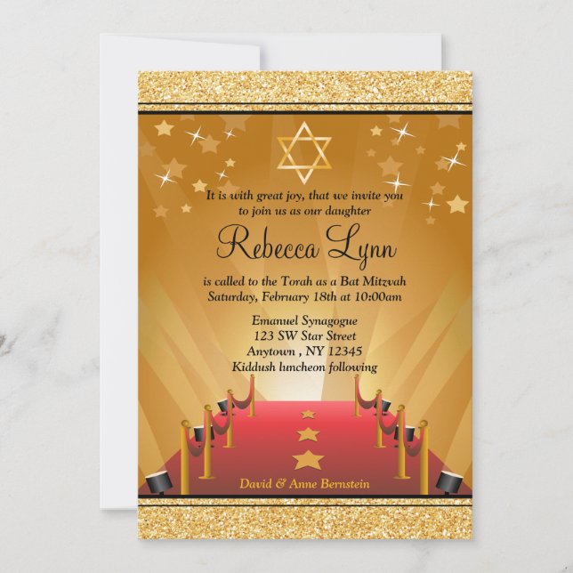Red Carpet Hollywood Gold Star Bat Mitzvah Invitation (Front)