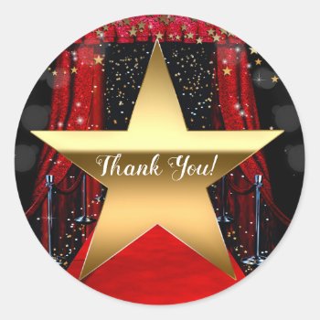 Red Carpet Hollywood Gold Stars Birthday Party Classic Round Sticker by printabledigidesigns at Zazzle