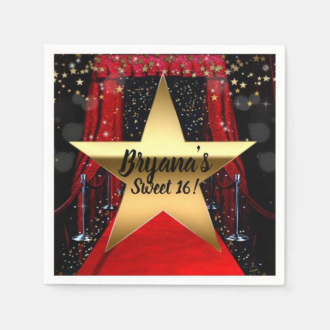 Red Carpet Hollywood Gold Stars Birthday Party Napkins (Front)