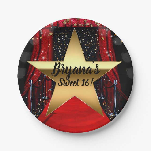 Red Carpet Hollywood Gold Stars Birthday Party Paper Plates (Front)