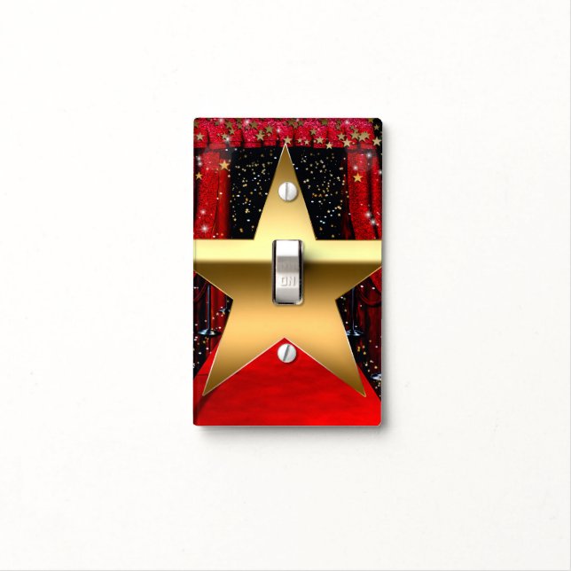 Red Carpet Hollywood Gold Stars Movies Movie Room Light Switch Cover (In Situ)