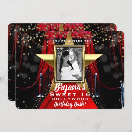 Red Carpet Hollywood Gold Stars Photo Party Invitation