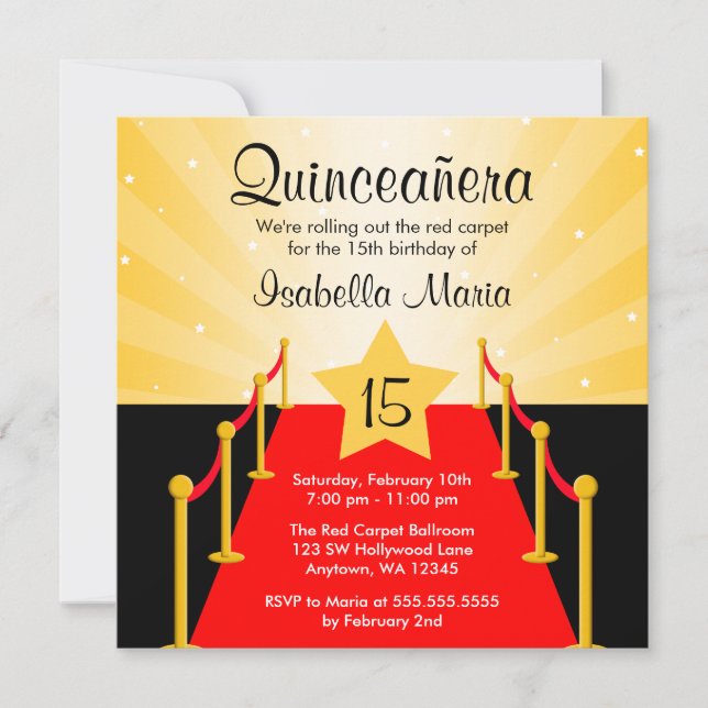 Red Carpet Hollywood Quinceanera Birthday Party Invitation (Front)