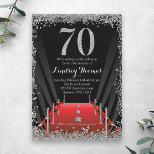 Red Carpet Hollywood Silver Glitter 70th Birthday Invitation