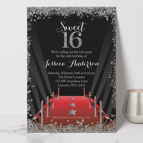 Red Carpet Hollywood Silver Glitter Sweet 16 Invitation