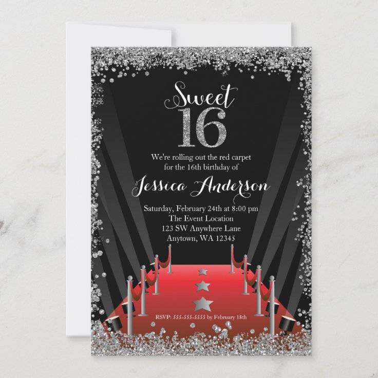 Red Carpet Hollywood Silver Glitter Sweet 16 Invitation | Zazzle