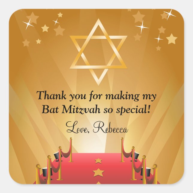 Red Carpet Hollywood Star Bat Mitzvah Favors Square Sticker (Front)