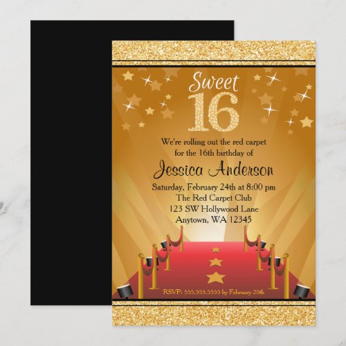 Red Carpet Hollywood Star Gold Sweet 16 Birthday Cards