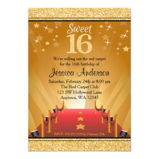 Red Carpet Hollywood Star Gold Sweet 16 Birthday 5x7 Paper Invitation Card