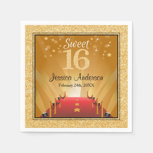 Red Carpet Hollywood Star Gold Sweet 16 Birthday Napkins (Front)