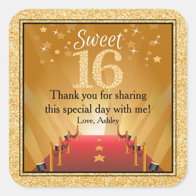 Red Carpet Hollywood Star Gold Sweet 16 Favor Square Sticker (Front)