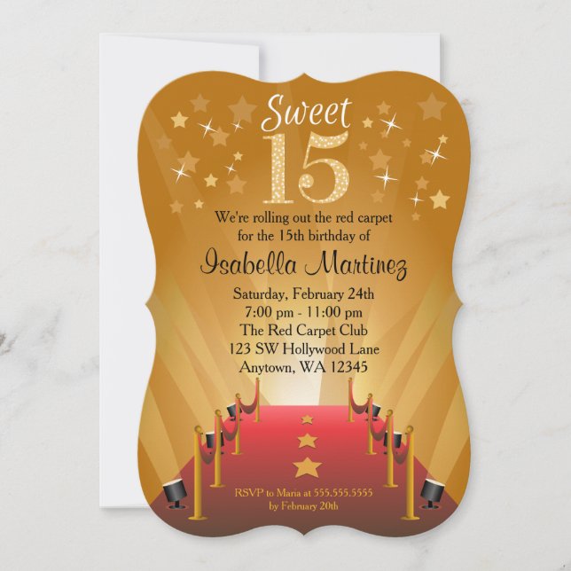 Red Carpet Hollywood Star Sweet 15 Birthday Invitation (Front)