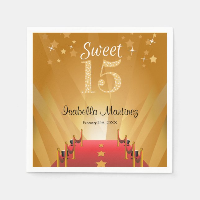 Red Carpet Hollywood Star Sweet 15 Birthday Paper Napkins (Front)