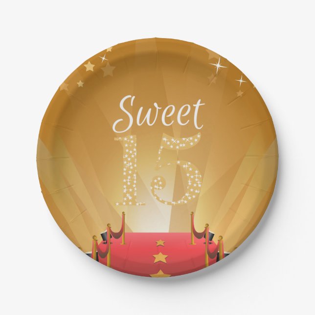 Red Carpet Hollywood Star Sweet 15 Birthday Paper Plates (Front)