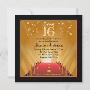 Red Carpet Hollywood Star Sweet 16 Birthday Invitation