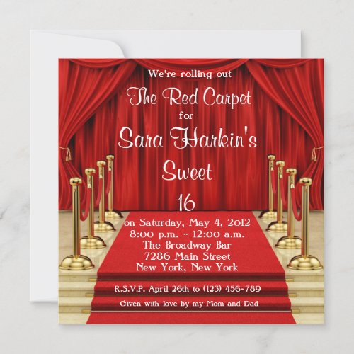 Red Carpet Hollywood Sweet 16 Birthday  Invite