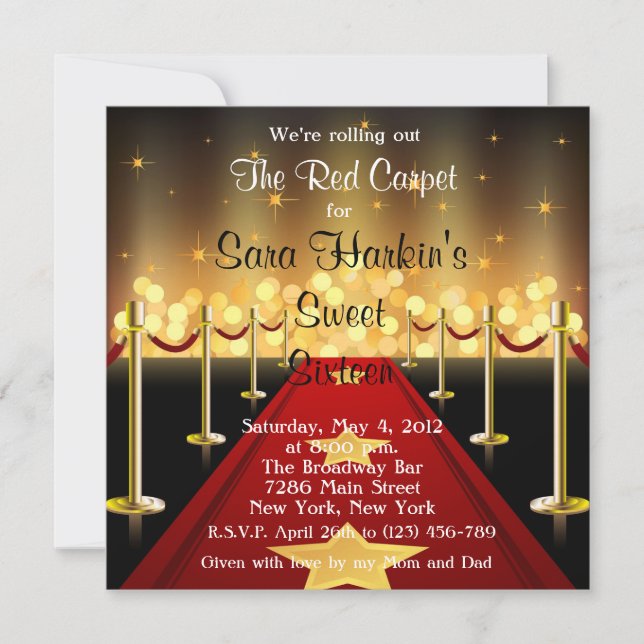 Red Carpet Hollywood Sweet 16 Birthday  Invite (Front)