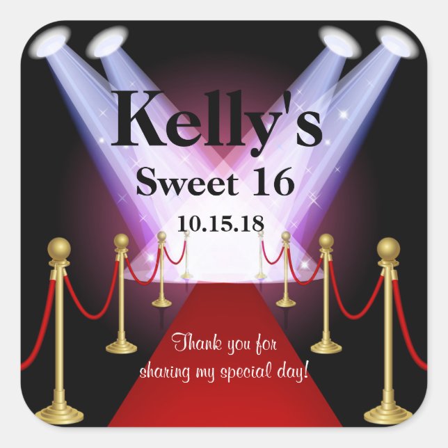 Red Carpet Hollywood Sweet 16 Party Favor Labels (Front)