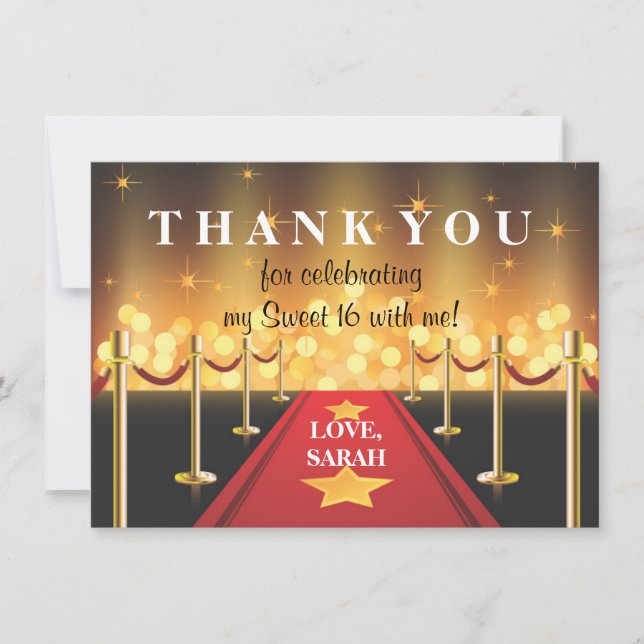 Red Carpet Hollywood Sweet 16 Thank You Note Card (Front)