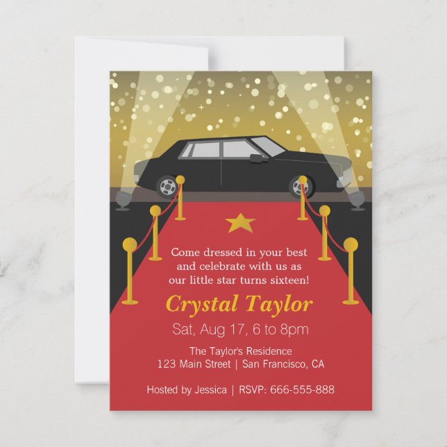 Red Carpet, Hollywood Theme Party, Girl Birthday Invitation (Front)