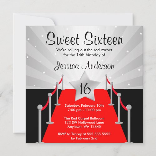 Red Carpet Silver Hollywood Sweet 16 Birthday Custom Invites