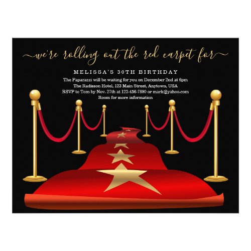 Red Carpet Themed Party with Faux Gold Foil Flyer - The perfect invitation for your regal event in a full page format.