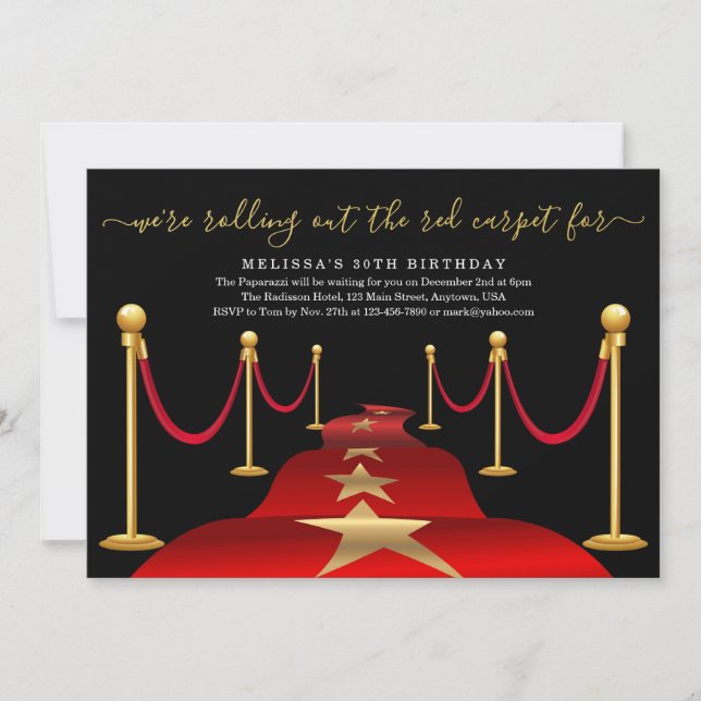 Red Carpet Themed Party with Faux Gold Foil Invitation (Front)