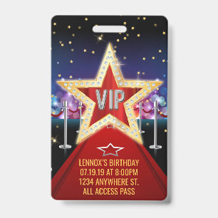 Red Carpet VIP Pass Birthday Badge Invitation