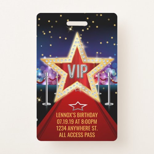 Red Carpet VIP Pass Birthday Badge Invitation