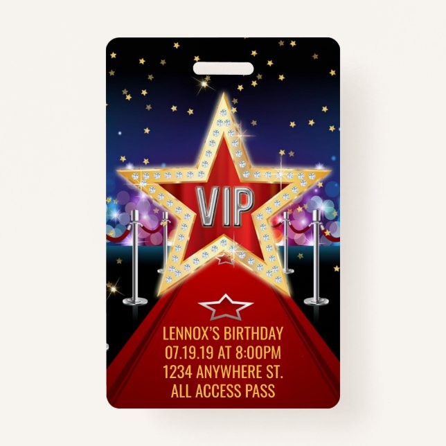 Red Carpet VIP Pass Birthday Badge Invitation (Front)