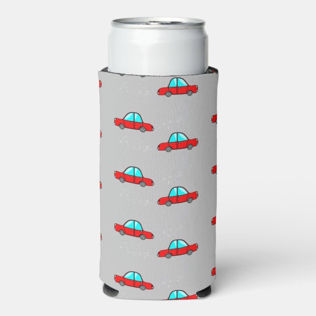 Red cars on gray seltzer can cooler (Seltzer Front)