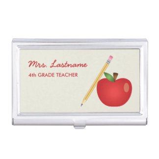 Red Cartoon Apple And Yellow Pencil &amp; Custom Name Case For Business Cards
