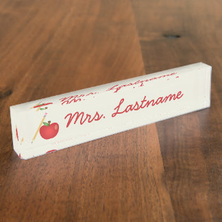 Red Cartoon Apple And Yellow Pencil &amp; Custom Name Desk Name Plate