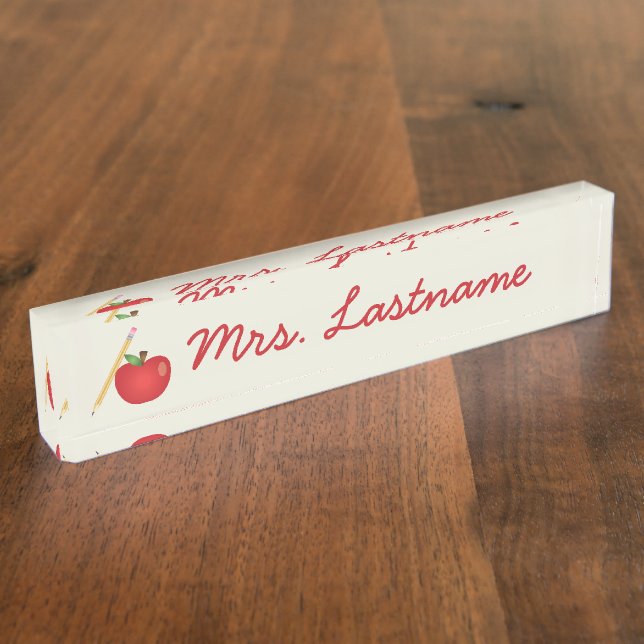 Red Cartoon Apple And Yellow Pencil & Custom Name Desk Name Plate (Side)