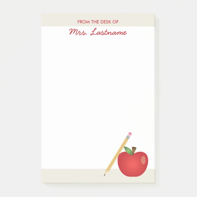 Red Cartoon Apple And Yellow Pencil & Custom Name Post-it Notes (Front)